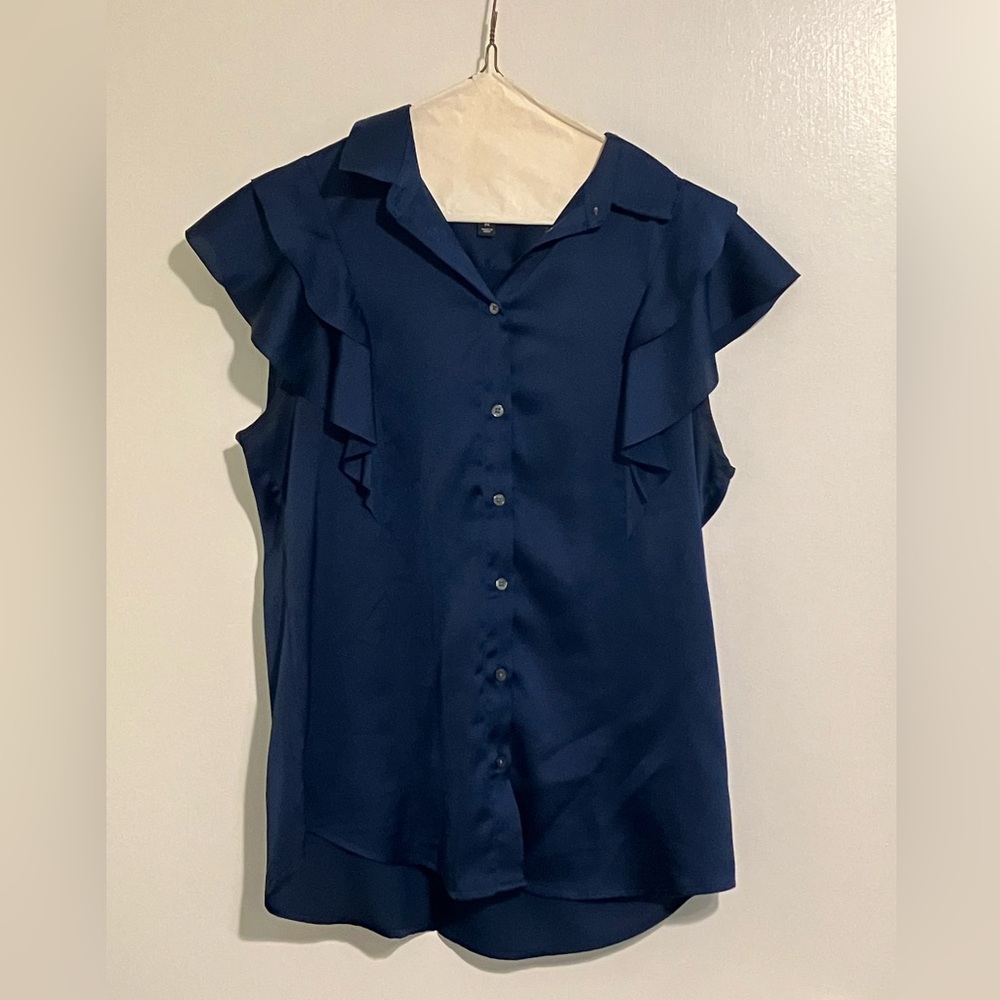 Navy blue satin blouse. Medium petite.